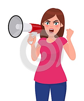 Angry woman holding a megaphone/loud speaker, raising fist and screaming or shouting loud while eyes opened widely.