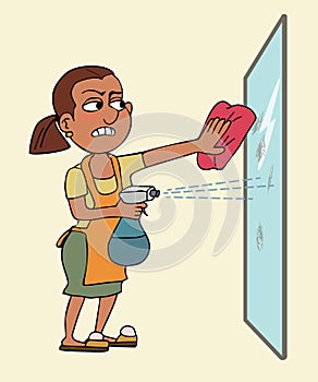 Angry woman housekeeper cleaning glass