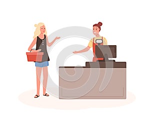 Angry woman at mall checkout flat vector illustration. Female displeased customer standing in queue cartoon characters photo
