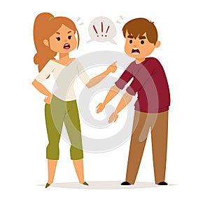 Angry woman and man arguing with shouting expressions. White adults in casual clothes having a disagreement. Conflict