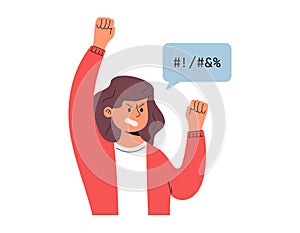 Angry woman protesting at a political meeting, feminist girl. A girl shouting obscenities and waving her arms. Vector