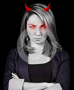 Angry woman with red eyes and devil horns