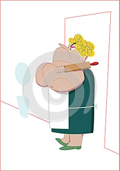 Angry woman with rolling pin waiting for husband