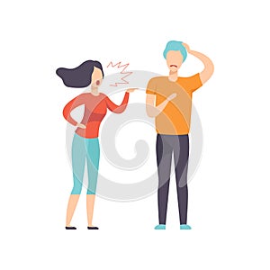 Angry woman screaming at young man, couple quarreling, family conflict, disagreement in relationship vector Illustration