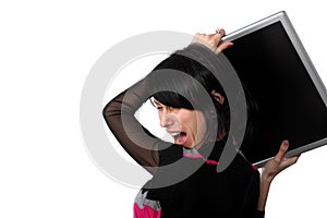 Angry woman about to throw his computer