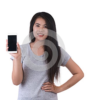 Angry woman using cellphone on white