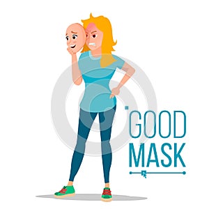 Angry Woman Wear Good Mask Vector. Bad, Tired Female. Fake Person. Deceive Concept. Isolated Flat Cartoon Business