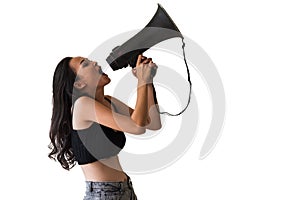 Angry woman yelling on megaphone