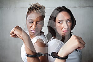 Angry women in handcuffs
