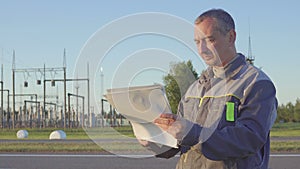 Angry Worker at Electrical Substation. Worker with blueprints and clipboard in meeting at electrical substation. angry