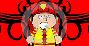 Angry young firefighter kid cartoon background