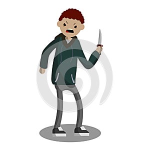 Angry young man with knife. Street Crime. A criminal guy offender