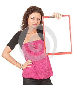 Angry young woman with blank clipboard