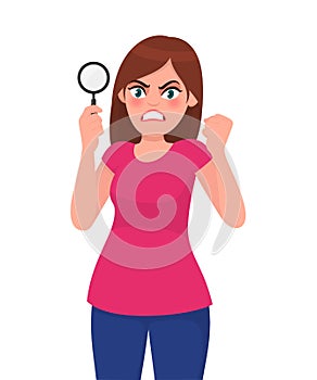 Angry young woman showing magnifying glass. Girl making raised fist hand gesture sign. Female character design illustration.