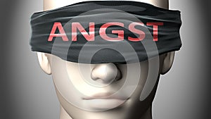 Angst can make things harder to see or makes us blind to the reality - pictured as word Angst on a blindfold to symbolize denial