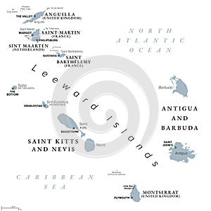 From Anguilla to Montserrat, Caribbean islands, gray political map