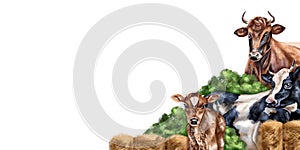 Angular horizontal border with a composition of cow, bull and calf. Farm animals grazing among bushes and haystacks. Digital