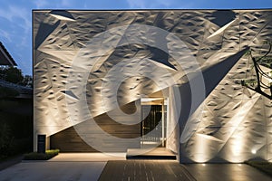 angular modern home front with spotlights on textured walls