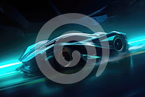 An angular teal endurance racing car dodging obstacles in the arena Speed drive concept. AI generation