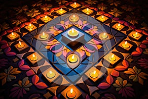 angular view of a bright rangoli design adorned with unlit clay lamps
