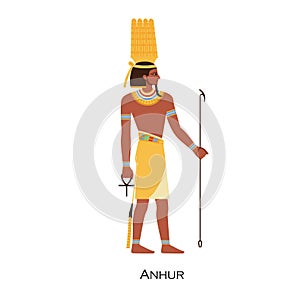 Anhur, old Egyptian god of war. Ancient Egypts character with feathers on head. Anhuret, mythological deity from history