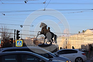 Anichkov bridge. Sculptural groups `The taming of a horse by a man`.