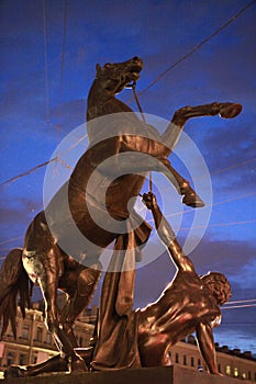 Anichkov bridge in St. Petersburg, sculpture of a bronze horse