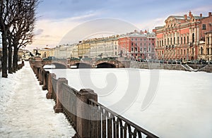 Anichkov Bridge on winter Fontanka