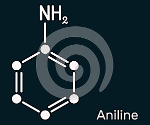 Aniline, phenylamine, aminobenzene, benzenamine, C6H5NH2 molecule. It is primary arylamine, aromatic amine, consisting