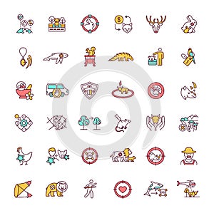 Animal abuse and wildlife conservation RGB color icons set