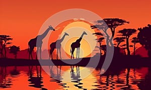 animal africa sunset nature wildlife giraffe elephant wild silhouette safari. Generative AI.