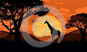 animal africa wildlife silhouette elephant safari giraffe sunset nature wild. Generative AI.