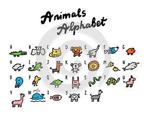 Animal alphabet abc hand drawn vector illustration in cartoon doodle style for kids