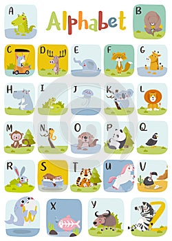 Animal alphabet graphic A to Z. Cute vector Zoo alphabet with animals.