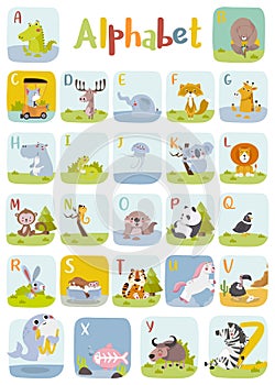 Animal alphabet graphic A to Z. Cute vector Zoo alphabet with animals in cartoon style.