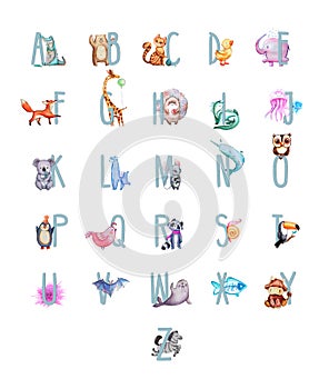 ANIMAL ALPHABET LETTER - A-Z . Funny Kids English Alphabet with Animals Watercolor Illustration