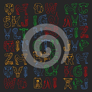 Animal alphabet. Letters from A to Z. Flamingo, giraffe, horse, alligator, bear, cat, dog, elephant