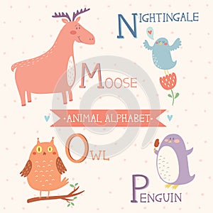 Animal Alphabet. Moose, Nightingale, Owl, Penguin. Part 4