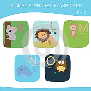 Animal Alphabet Printable Flash Cards. English alphabet with cute animals vector illustrations set.