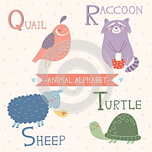 Animal Alphabet. Quail, Raccoon, Sheep, Turtle. Part 5