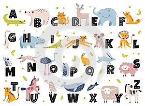 Animal alphabet in scandinavian style. Cute elephant, fox, bear, unicorn. Hand drawn cartoon animals with letters for