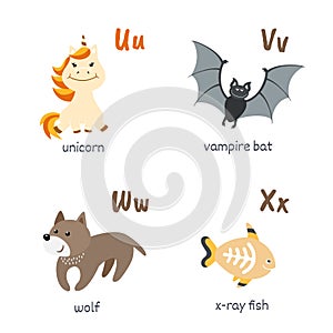 Animal alphabet with unicorn vampire-bat wolf x-ray fish