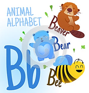 Animal alphabet in vector. P letter. Very cute cartoon animals Beaver, Bear, Bee.