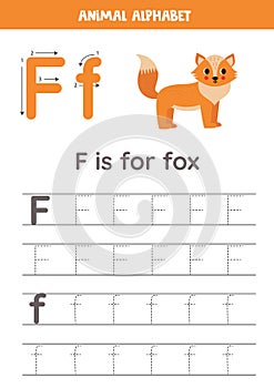 Tracing alphabet letters for kids. Animal alphabet. F is for fox.