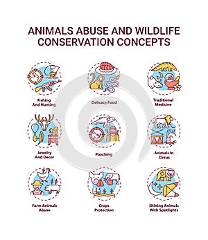 Animal amuse and wildlife conservation concept icons set