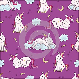 Seamless pattern with unicorn, moon and stars. Cute and lovely background. Vector illustration. Abstract background for girls