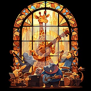 Animal Band Playing Stained Glass Window Illustration