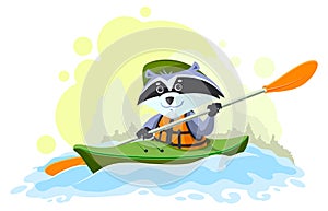 El chico explorador mapache nadar un barco canoa diseno de pintura 