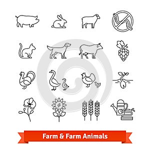 Animal breeding and farming thin line art icons