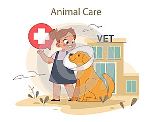Animal Care concept. Girl guides dog with a cone collar at vet clinic, highlighting